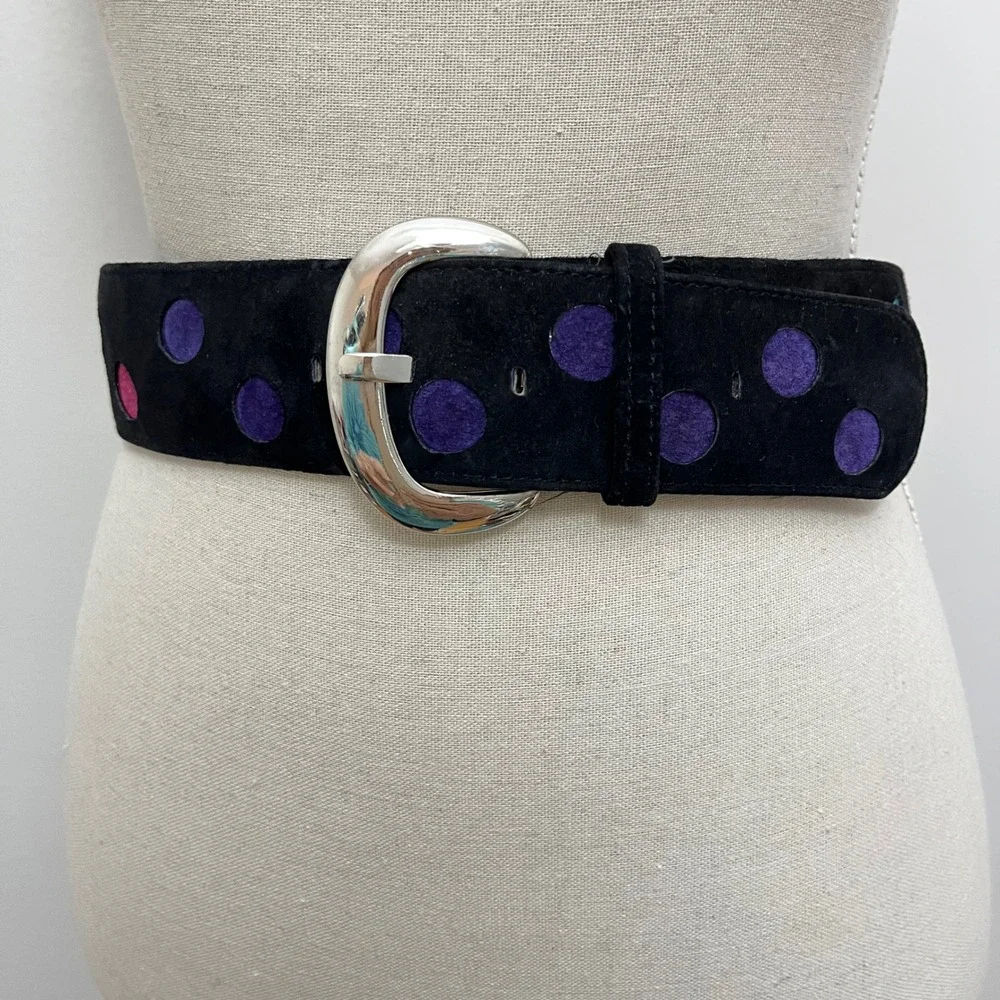Vintage‎ Suede Polka Dot Belt Sz M Wide Silver Buckle Retro Mod 80s Maximalist